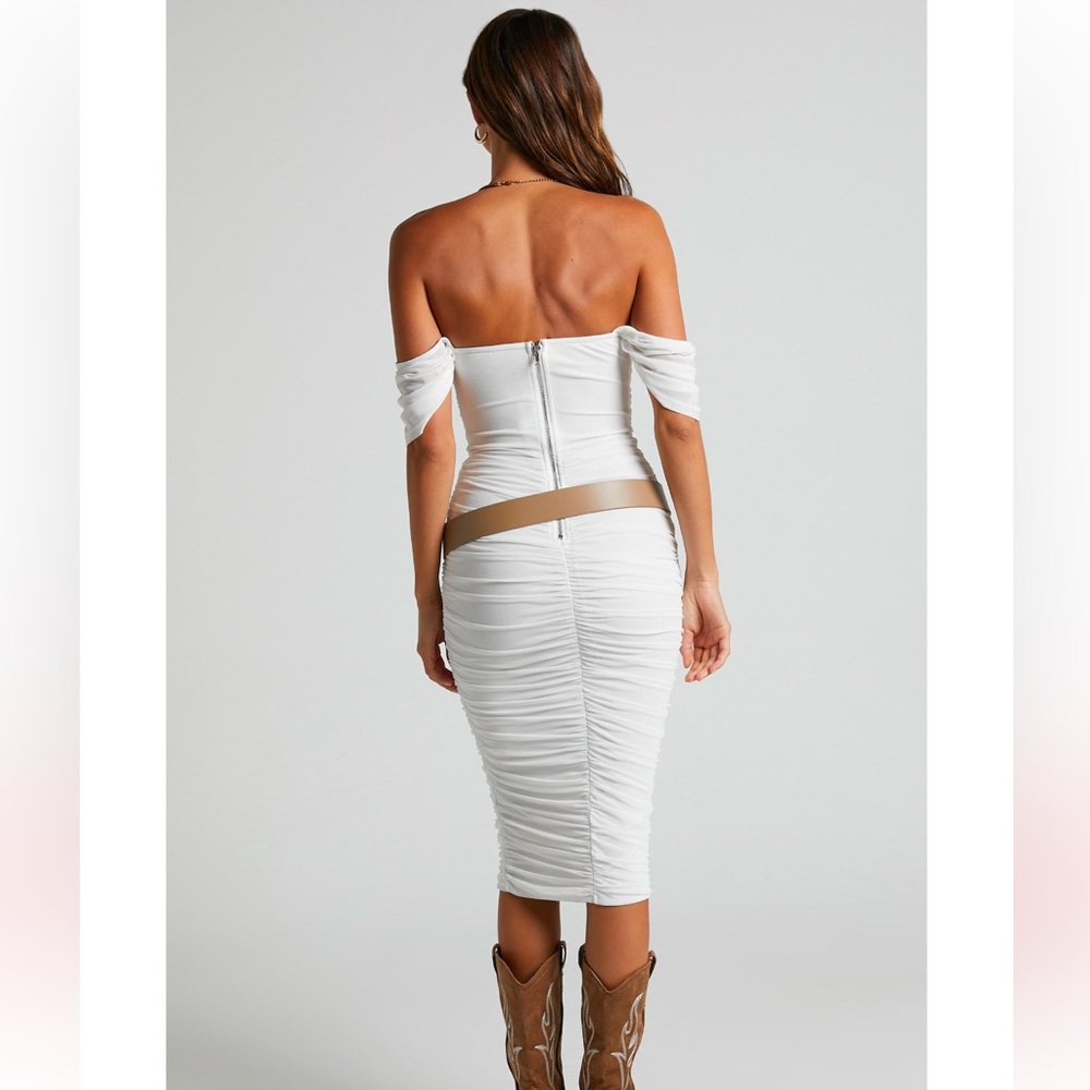 Showpo White Off Shoulder Ruched Bodycon Midi Dress XL/10 - Picture 8 of 9
